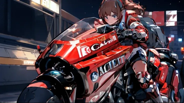 woman、Night Port、Embarrassed expression、Motorcycle of the Future、masterpiece, Light Brown Hair, Red ears, Bright red face, 超High resolution, High resolution, Best Quality, 8k