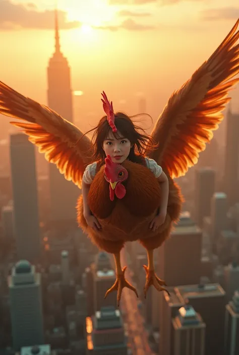 ultra-realistic, photorealistic, dramatic scene, global-illumination, (20 years old Japanese famous idol girl:1.5), She is flying on the huge chicken in the skyscrapers, chicken is flapping her wings powerfully, amazing view of skyscrapers with sunset, dyn...