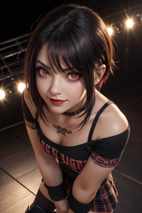 a girl, big eyes, eye shadow, ((bright eyes)), ((red eyes: 1.13)), beautiful expressive red eyes, lipstick, crazy smile, black hair with red tips, short messy hair with long sides, medium breasts of woman wearing black cropped t-shirt, plaid pleated mini s...