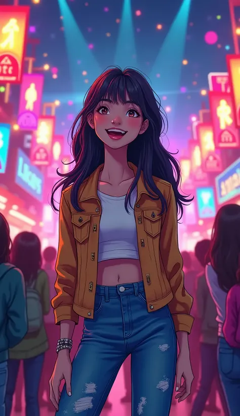 A young woman, Sarah, stands with a bright smile. She is illustrated in a comic style, wearing a casual yet stylish outfit, cute kpop fan. Her hair is long and wavy, flowing freely around her shoulders. The background features vibrant concert posters and c...