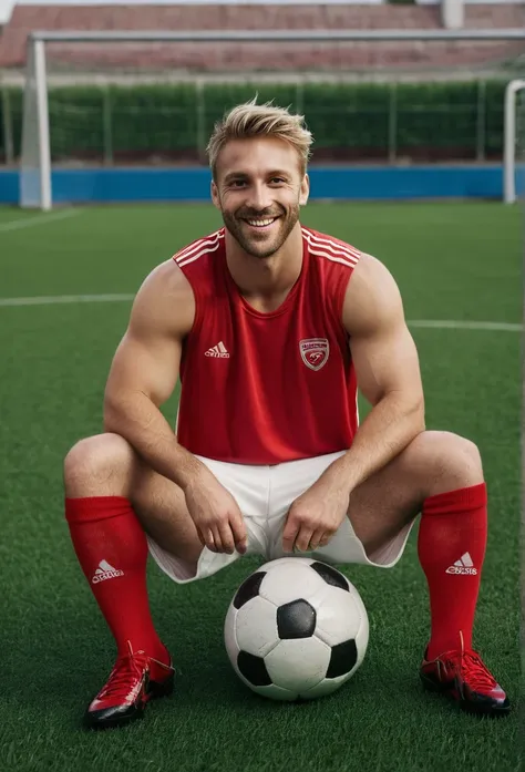 A very attractive fit 28 year old Caucasian man, short blond hair, stubble, shirtless, wearing small very baggy sagging loose fitting white soccer shorts, thick red and white socks and red soccer cleats, very hairy legs and chest, sitting on a soccer ball ...