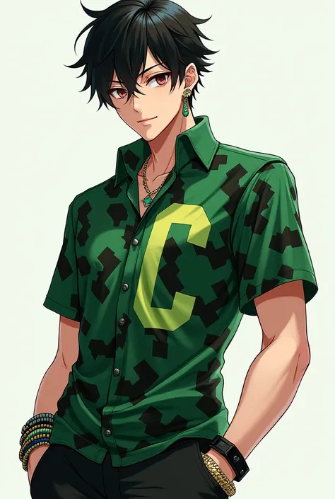 Handsome man with short black hair, green and black anime version clothing that has a C on its polo shirt, wear stud earrings,  bracelets and necklace