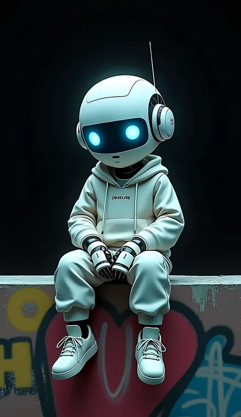 Completely black background, thumbnail image, mini robot,  anime style., Dressed in light colored hip hop clothing., Sitting on a graffiti wall with his legs crossed, with beautiful cyan eyes, cyan neon lights, abstract image, UHD, Masterpiece, Retina, Acc...