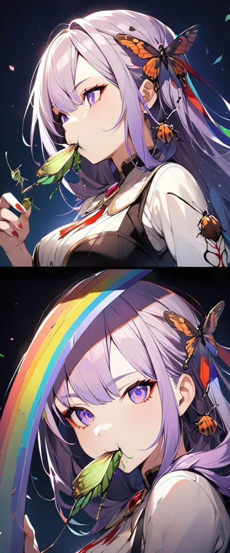 1girl, Sitting Girl, meal, (Eating insects:1.4), smug_ness, fantasy_clothed, close_up of body, (Chewing on insects:1), (masterpiece, ultra_detailed), (Ultra HD:1.3), eating, (Blood from insects:1.1), inhale, rainbow_Hair