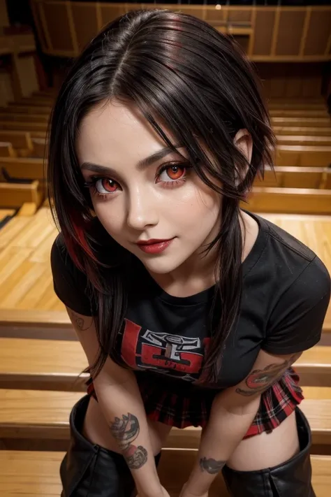 a girl, big eyes, eye shadow, ((bright eyes)), ((red eyes: 1.13)), beautiful expressive red eyes, lipstick, crazy smile, black hair with red tips, short messy hair with long sides, medium breasts of woman wearing black cropped t-shirt, plaid pleated mini s...