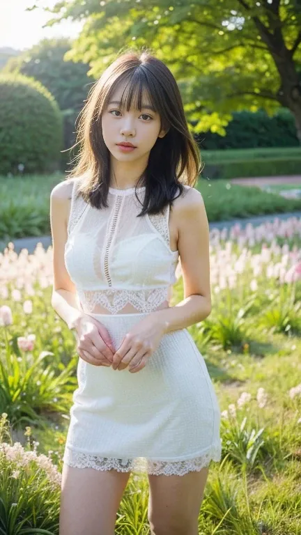 1 girl, masterpiece, wearing a transparent dress, standing in a flower field, with sunlight