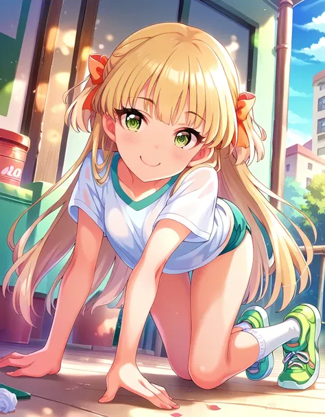 Score_9, Score_8_Excellent, Score_7_Excellent, sauce_anime,
evaluation_sensitive, Sexually suggestive, smile, Joy, 
Outdoor, Sunbeam，multiple，
 Long Hair, blonde,   hair ribbon,green eyes, Small breasts, 
Gym clothes, White gym shirt, Untucked Shirt,  Redd...