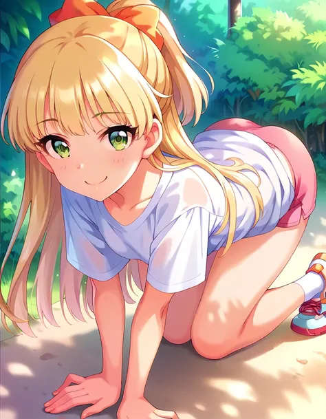 Score_9, Score_8_Excellent, Score_7_Excellent, sauce_anime,
evaluation_sensitive, Sexually suggestive, smile, Joy, 
Outdoor, Sunbeam，multiple，
 Long Hair, blonde,   hair ribbon,green eyes, Small breasts, 
Gym clothes, White gym shirt, Untucked Shirt,  Redd...