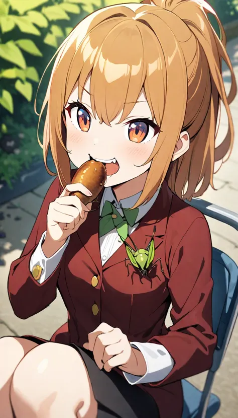 1girl, Sitting Girl, meal, (Eats small insects:1.4), smug_ness, fantasy_clothed, (Biting off small insects:1.3), anime, eating,(tasty), Selfie, beautiful eyes, (Mucus from insects), 