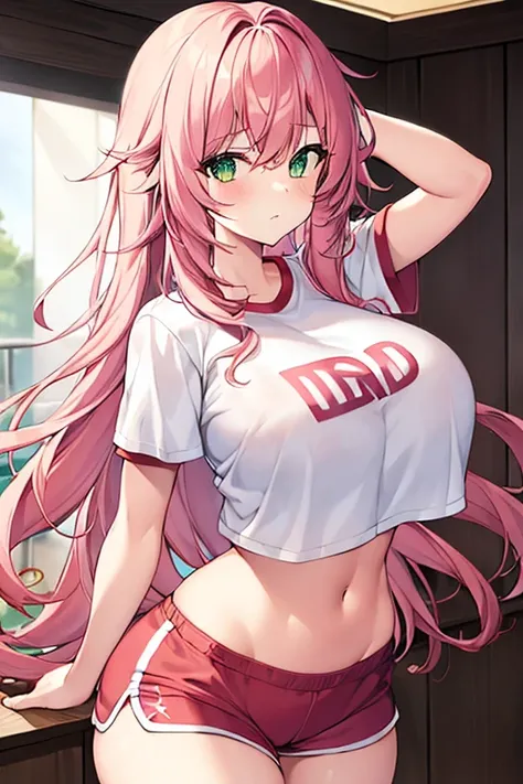 1girl, pink hair, long hair, messy hair, eyes covered, hair above eyes, long bangs, green eyes, huge breasts, thick thighs, wide hips, toned, mature female, hourglass figure, wavy mouth, timid,, shirt, white shirt, gym uniform, shorts, red shorts, red trim...