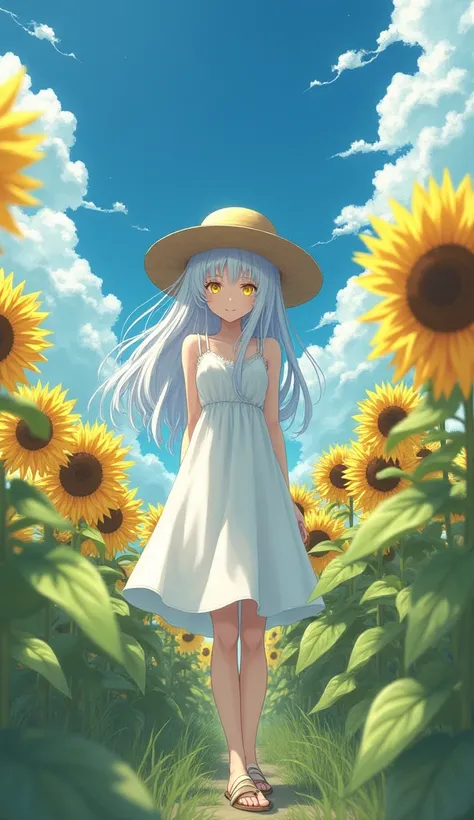 masterpiece, Best Quality, High resolution, Very detailed,(((Cute girl with white hair))), (((Japanese Anime))), (((White sleeveless dress))), (((Straw hat))), (((Sandals))), (((Sunflower field))), (((blue sky))), (((Horror))), (((Expressionless))), (((Yel...