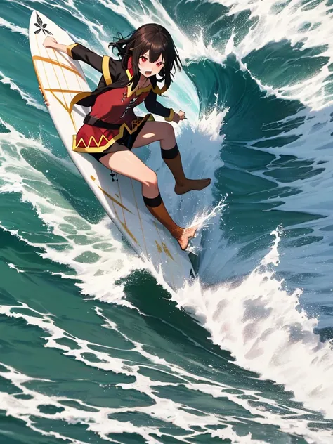 (surfing), (Safa), (Well-formed face), (Beautiful face), surfing, Big Wave, sea, masterpiece, (Megumin), UHD, retina, masterpiece, accurate, anatomically correct, textured skin, super detail, high details, high quality, best quality, highres, 8k