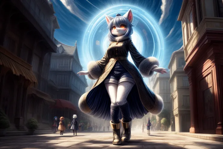 female, fur, Glowing Beautiful light and shadows, ambient light, Ultra Detailed Fur, surround light thicc full body time traveler and time machine in the background A Mageous View punto de fusión 1 Gato anime Kemono Furry Antromorfo Detallado De ojos azule...