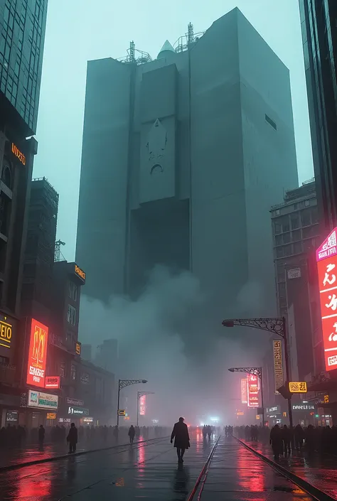 Giant Neo Brutalist architecture, Harkonnen from Dune architecture, blade runner vibes, cyberpunk vibe, artem demura beeple, cyberpunk vibes, cyberpunk aesthetic, cyberpunk aesthetics, rainy cyberpunk city, neon rainy cyberpunk setting, aesthetic cyberpunk...