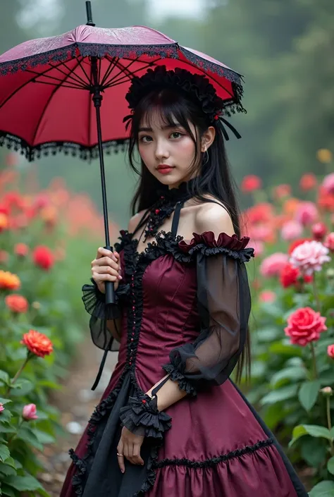 Documentary Photography, Realistic, Dramatic Scene, Very beautiful Japanese schoolgirl, Famous beautiful Japanese idol, Cute Woman, Beautiful white and clear skin, (gothic-ta:1.2), (She is wearing a cute dark red and dark purple colored gorgeous gothic out...