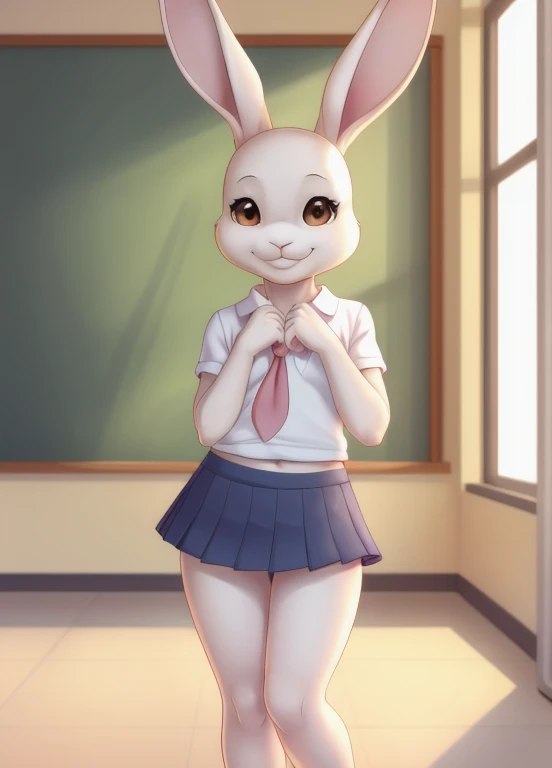 haru, bunny girl, white fur, brown eyes,child, mini skirt,anthro showing underwear,the background is school, alone,view your vie...