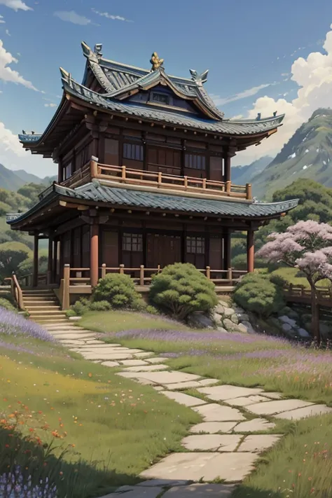 Practical, True, Beautiful and amazing landscape oil painting Studio Ghibli Hayao Miyazaki flower petals grass blue sky grassland,80th century Chinese country road,architecture, 