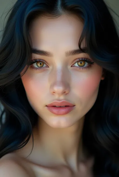 A woman at 19 years old, white skin, almond shaped amber eyes, wavy black hair with dark blue highlights, straight nose and defined lips and a mole on the forehead
