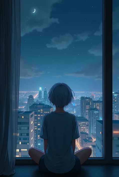 (masterpiece), best quality, cyan eyes, light gray hair, expressive eyes, Hello, sitting in a high-rise apartment room, night sky, city landscape, looking at viewer, city lights, window, emphasis, dramatic lights, calm face,