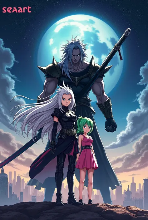 "A dynamic poster featuring katto.with long silver hair and her ff7 armor with Final Fantasy sword and Bulma from DragonBall Z with green hair and short pink dress, together as a couple. Sephiroth, With its long, Shiny katana, and Bulma, in his iconic cost...