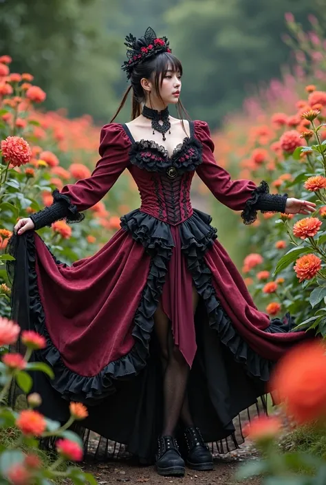 Documentary Photography, Realistic, Dramatic Scene, Very beautiful Japanese schoolgirl, Famous beautiful Japanese idol, Cute Woman, Beautiful white and clear skin, (gothic-ta:1.2), (She is wearing a cute dark red and dark purple colored gorgeous gothic out...