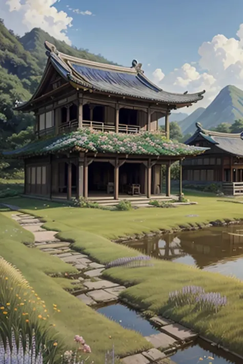 Practical, True, Beautiful and amazing landscape oil painting Studio Ghibli Hayao Miyazaki flower petals grass blue sky grassland country road,80th century,ancient chinese countryside,dilapidated thatched building, 