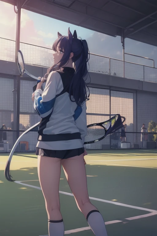 ((((masterpiece, The best quality, ultra high resolution)))), 1 , horse tail, ((tennis, Standing, Get up), track, (((outside)))