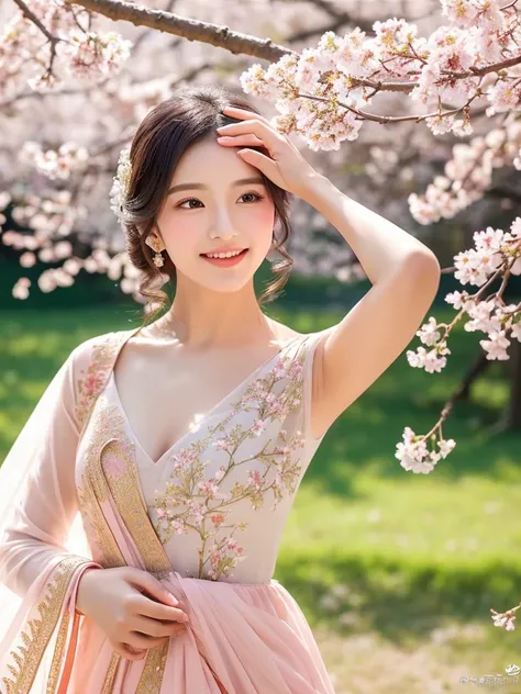 (shining white dress, long fluttering hair, radiant skin, small breasts) is dancing gracefully in a field of blooming cherry blossoms. The scene is captured in an exquisite oil painting style with vibrant colors and meticulous brushstrokes. The sunlight ge...