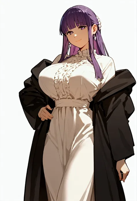 mare style, open robe, long dress, fern \(sousou no frieren\), purple hair, long hair, blunt bangs, half updo, beautiful, score_...