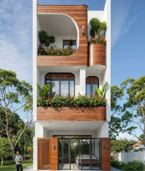 the house has 2 floors and 1 attic with a terrace combined with iron and wood frames. tall and narrow, modern design, steel gate...