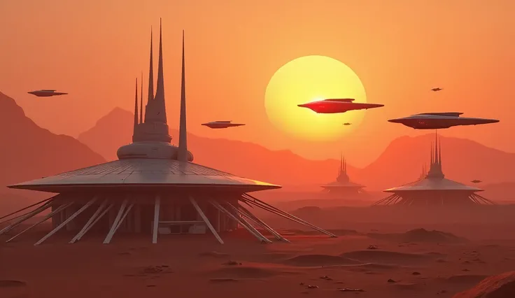 A Martian sunset illuminates a colony of circular buildings with tall spires, as flying cars buzz overhead in a perfect 1950s futuristic style.