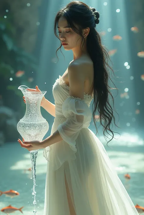 Young Asian woman in her 20s with pale skin, slim cheekbones, almond eyes, long soft loose black hair wearing off-white Victorian style dress . Holding in her hands with crystalline nails a Spanish crystal jug with gold edges of Arabic motifs, the water fa...