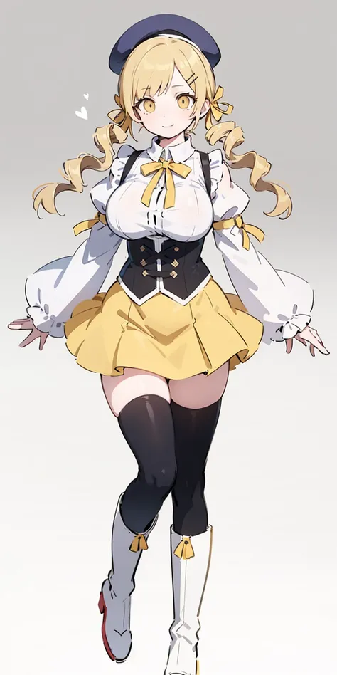 MamiAi, tomoe mami, yellow eyes, blonde hair, drill hair, twin drills, shiny, shiny hair, breasts, blush, smile, bangs, large breasts, magical girl, neck ribbon, hair ornament, ribbon, yellow ribbon, hairpin, skirt, shirt, thigh highs, long sleeves, hat, s...