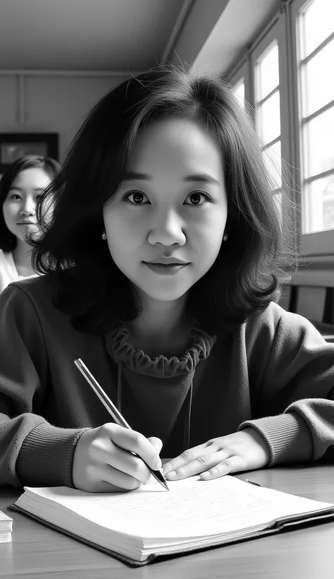 A girl studying in a classroom, close-up portrait, charcoal portrait, black and white, pencil sketch. (best quality, high resolution, ultra-detailed), studio lighting, realistic, vivid colors, fine details, dramatic lighting, contrast, highly detailed full...