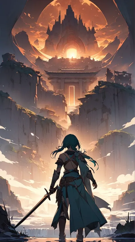 One Girl、Mysterious look、Short teal hair、Warrior Armor、Pose with sword、Strong Will、Eyes full of determination BREAK In the mist、(Dramatic lighting):1.4、Cold shades、A tense atmosphere、Shadow Contrast、A Taste of Adventure、Fantasy Art Style BREAK Mysterious M...