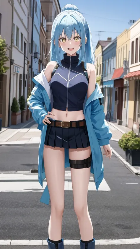 masterpiece, best quality, highres, rimuru tempest, blue hair, long hair, medium breasts, jacket, modern crop top, bare shoulder, show stomach, belt, pleated skirt, cowboy shot, standing, looking at viewer, city road, outdoor, modern city road, blush, shy,...