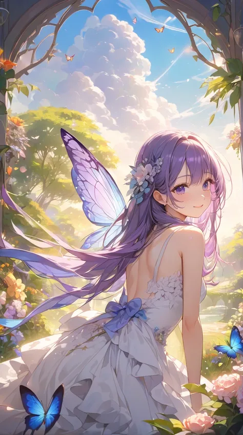 One Girl、A graceful smile、Purple Hair、Fairy Dress、Feather-like decoration、Soft poses、Dreamy eyes、Delicate Skin BREAK In the Morning Glow、(Soft Light):1.3、Warm colors、A fantastic atmosphere、Harmony of Nature、Gentle Shadows、Peaceful space、Fantasy Art Style B...