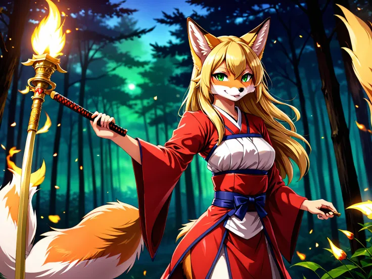 anime girl with long blonde hair and green eyes holding a knife, fox nobushi, kitsune, fox nobushi holding a naginata, holo is a...