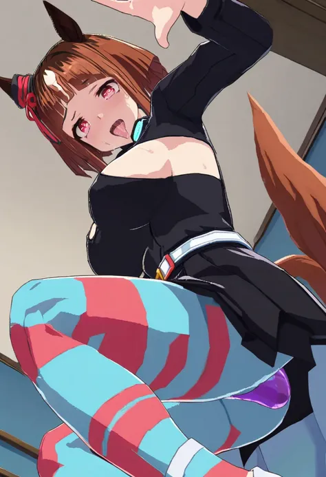 1girl, transcend(umamusume) , horse ears, horse tail, clown costume, clown-like bodypaint, pantyhose, single earring, a young girl with brown hair wearing a black sweater, looking at the viewer, in bedroom, detailed facial features, vibrant colors, masterp...