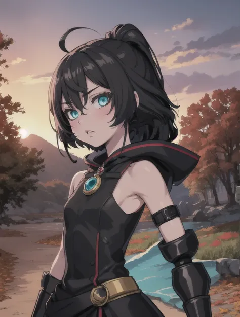 masterpiece, best quality, aprilis, aqua eyes, armor, bare shoulders, black shirt, black dress, single mechanical arm, hood, blush, looking at viewer, village, autumn, sunset, :o, upper body