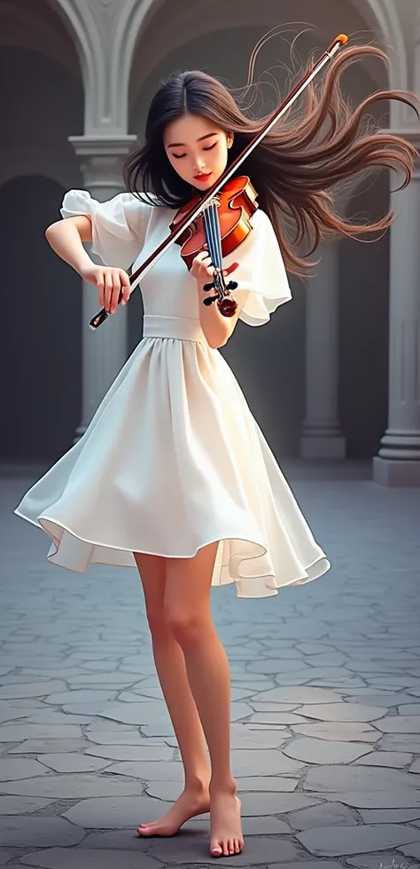 a beautiful girl with long hair wearing a short dress, playing a violin, extremely detailed and realistic, photorealistic, highly detailed, hyper-realistic, intricate details, sharp focus, studio lighting, beautiful face, beautiful eyes, beautiful lips, be...