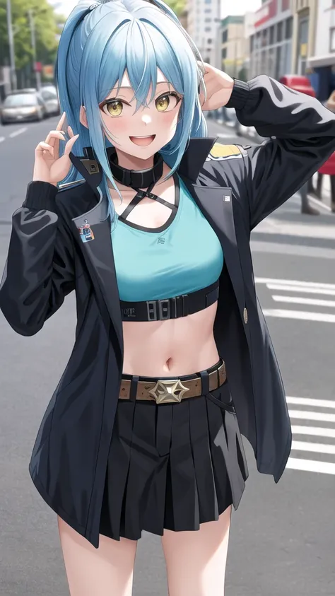 masterpiece, best quality, highres, rimuru tempest, blue hair, long hair, medium breasts, black jacket, modern crop top, v neck shirt, black long jacket, black long coat cleveage, show stomach, belt, pleated skirt, cowboy shot, standing, looking at viewer,...