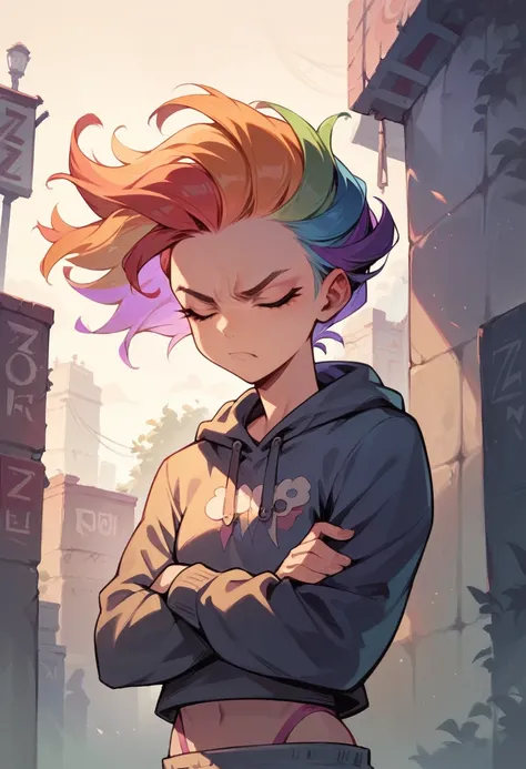 absurdres, highres, ultra detailed,zoe, rainbow colored hair, outdoor, a gram, crossed arms, underneath, head turned to the side...