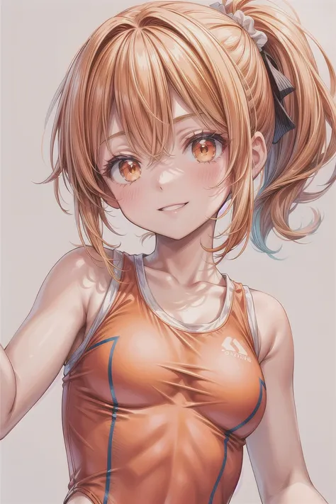 girl, medium breasts, smile, orange pony tail hair, orange medium Bottom sleeveless wrestling wear, cute appeal