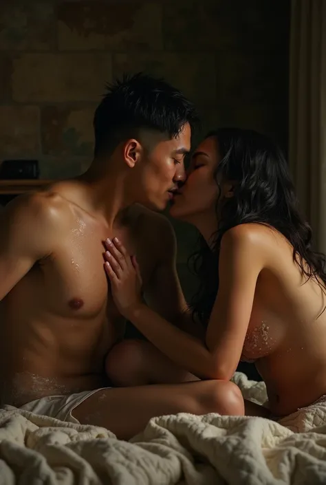 malaysian woman and a man, almost naked, kissing on a comfortable bed, passionate, wet, sweaty, dirty, medieval setting, dark lighting, little lighting, inviting, high passion, peeing. 