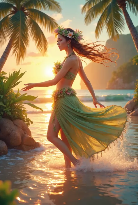 A woman gracefully dances the hula with the setting sun of the ocean in the background. The golden sky, waves, and swaying palm trees in the background create a quiet and beautiful Hawaiian atmosphere.