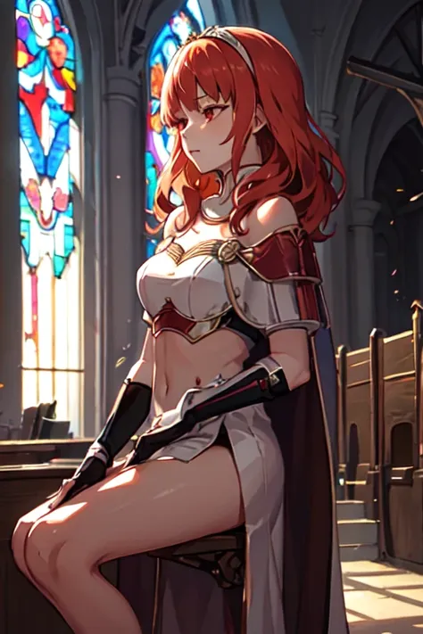 celica fe, red eyes, cape, armor, dress, bare shoulders, thighighs, tiara, gloves, pelvic curtain, backlit, church, indoors, sit...