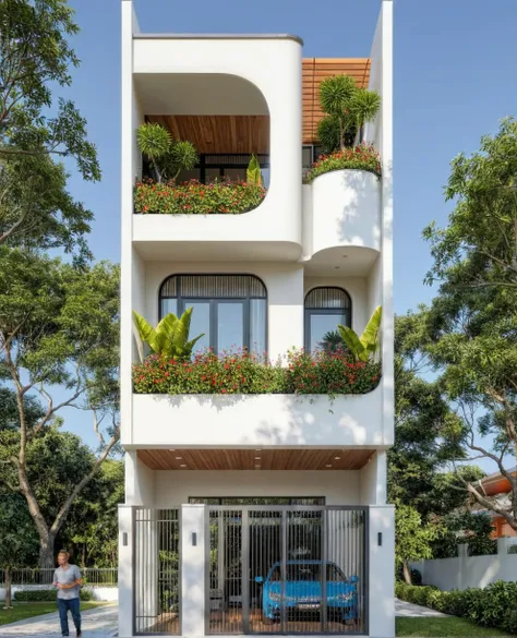 the house has 2 floors and 1 attic with a spacious terrace, combining iron and wood frames. tall and narrow, modern design, stee...