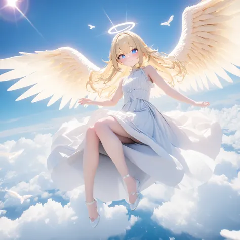 (((8k,masterpiece,Best Quality))), Highly detailed CG composition，Maxi Kit, whole body, Wide Shot,break、(((Cute angel flying in the blue sky))), Fantasy, Big angel wings, ,(blonde:1.6)，眩しいハイライトが入ったblondeの髪、Shiny bright hair, ,Long Hair,,Twin tails、Detailed...