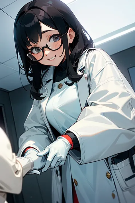 A chubby, freckled, black-haired girl wearing glasses and white gloves and a white coat smiling gently in a consultation room　Female doctor